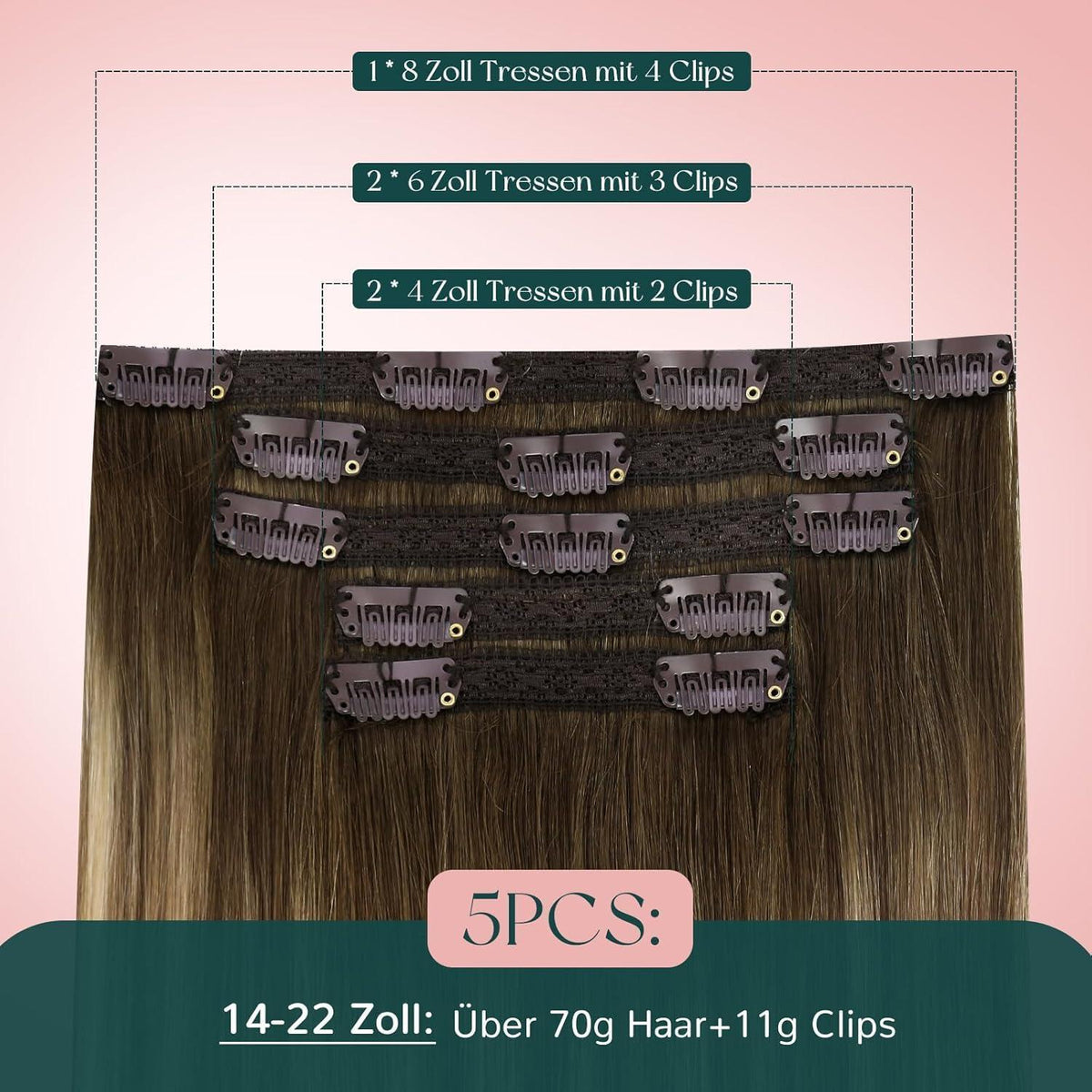 Clip-In Echthaar Extensions Braun Balayage Ombre 45cm