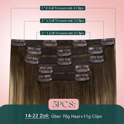 Clip-In Echthaar Extensions Braun Balayage Ombre 45cm