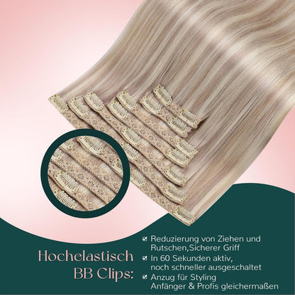 Blond Clip-in Haarverlängerung Echthaar Aschblond Highlighted