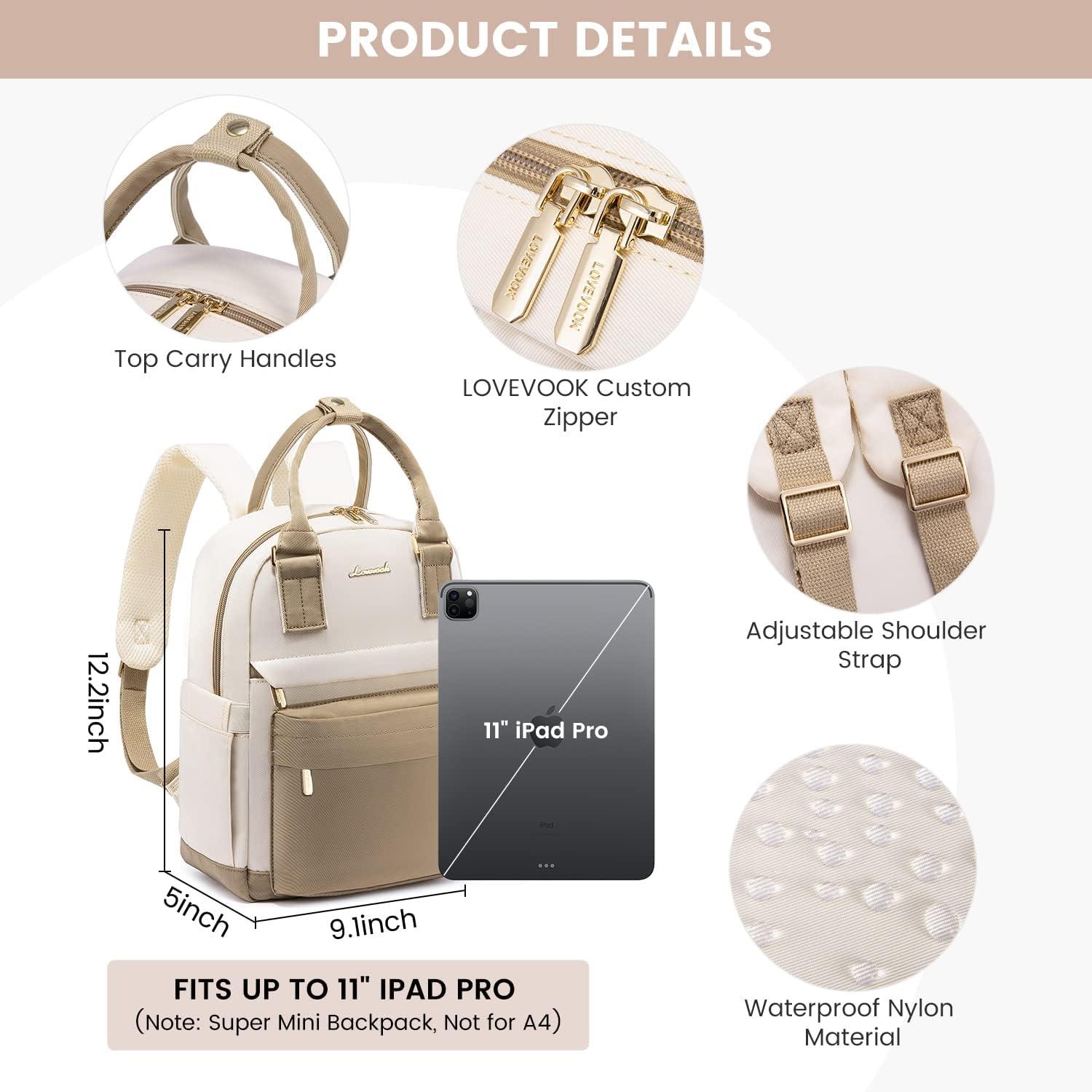 Eleganter Damen Mini Rucksack Wasserdicht USB Ladeanschluss Khaki Beige 11 Zoll
