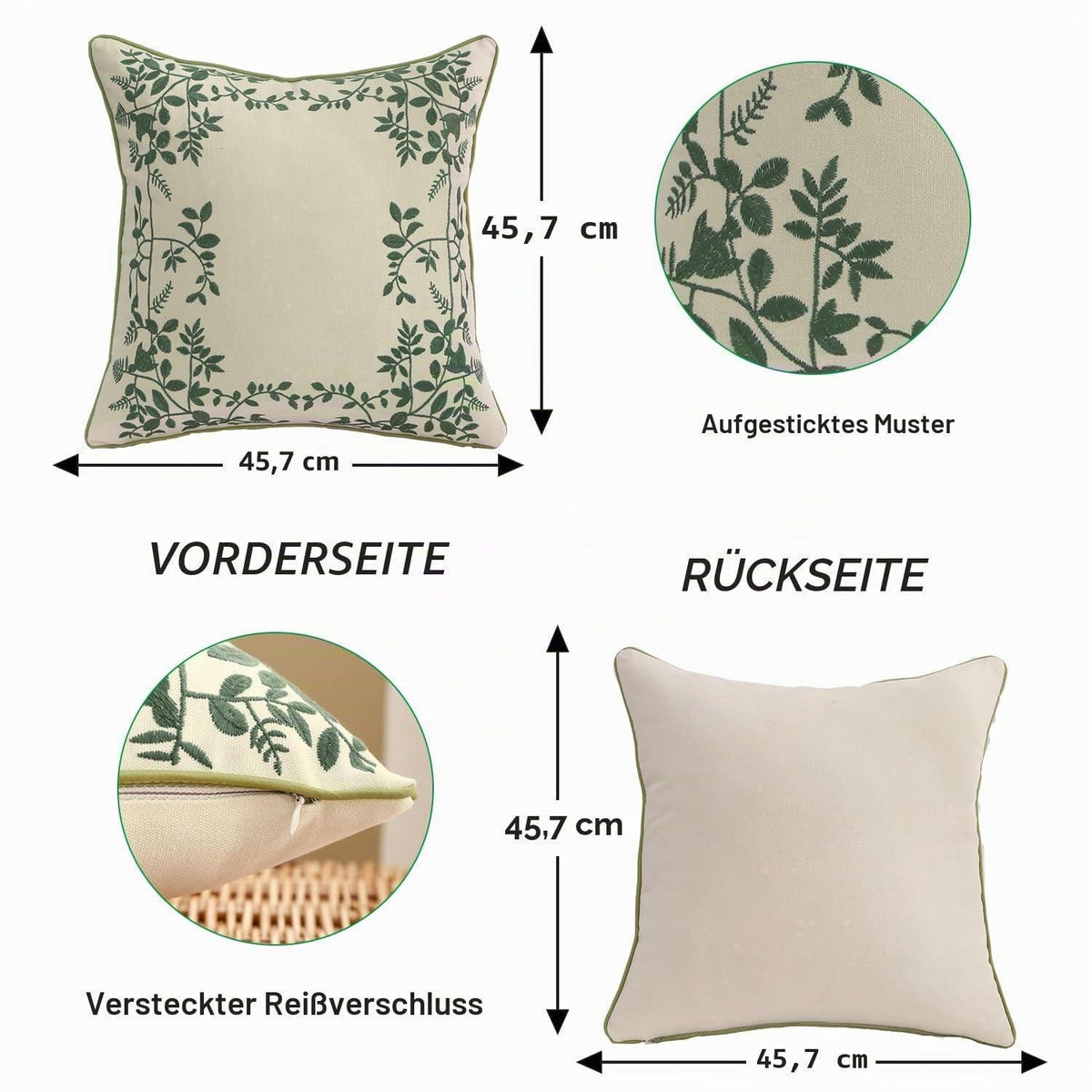 Bestickte Kissenbezüge 45x45cm - Grüne Blätter & Blumenmuster