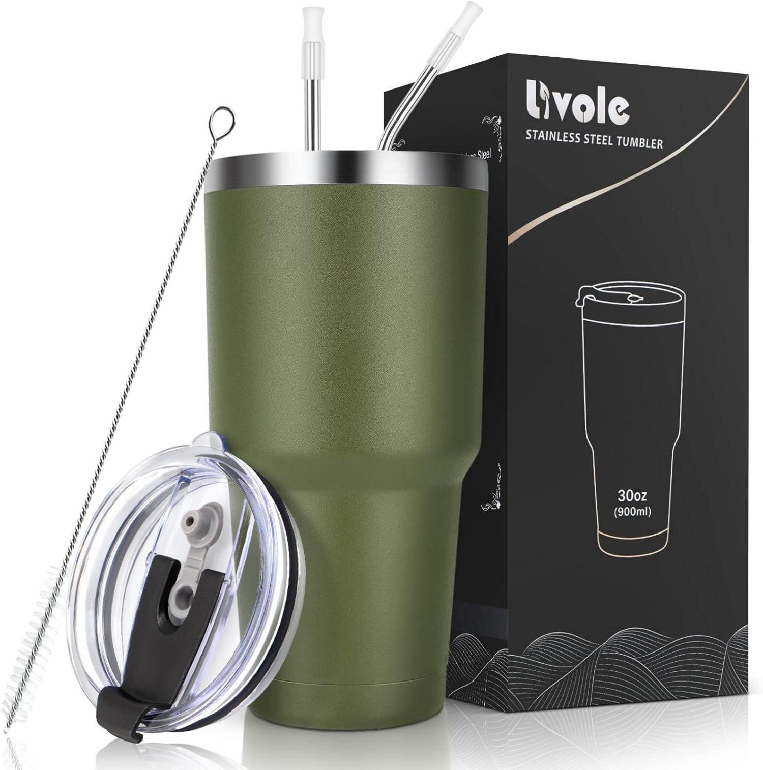 Livole 30oz Trinkbecher Doppelwandiger Edelstahl mit Strohhalm