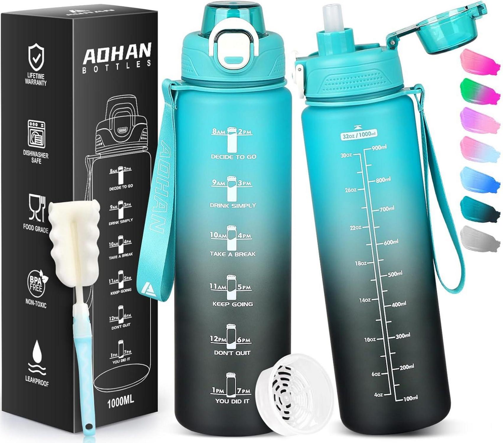 Trinkflasche Sport 1l BPA-frei Tritan Strohhalm Filter Zeitmarkierung