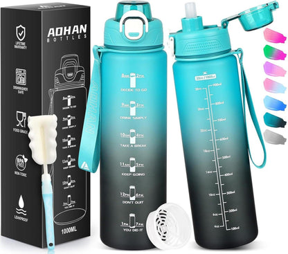 Trinkflasche Sport 1l BPA-frei Tritan Strohhalm Filter Zeitmarkierung