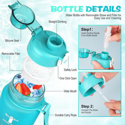 AOHAN Trinkflasche Sport 1l BPA-frei mit Strohhalm
