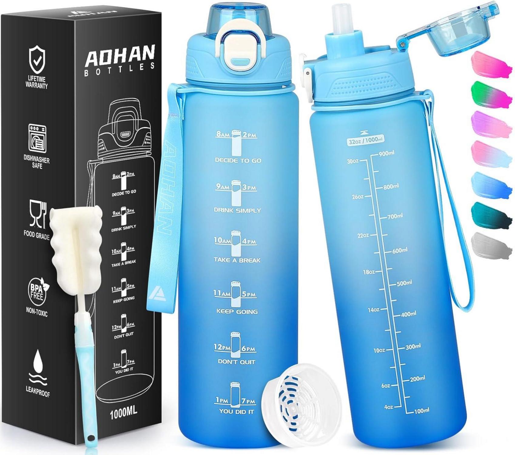 Sport Trinkflasche 1l mit Strohhalm und Zeitmarkierung