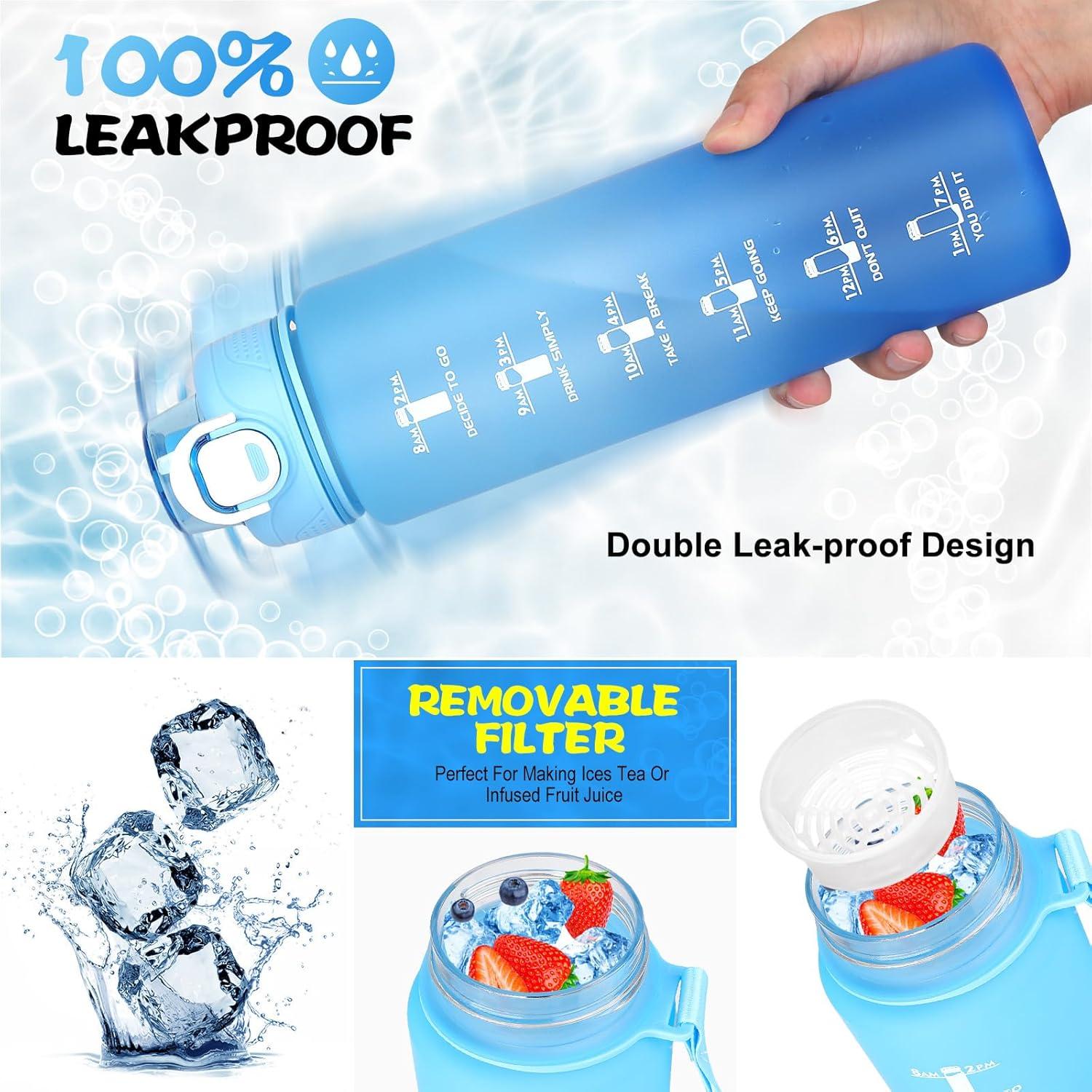 Sport Trinkflasche 1l mit Strohhalm und Zeitmarkierung