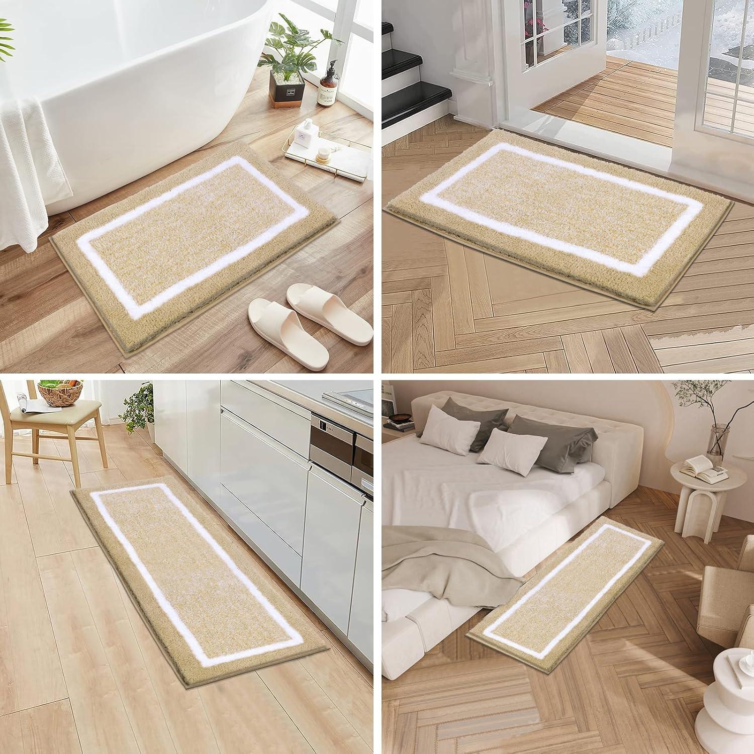 3-teiliges Mikrofaser Badematten Set rutschfest saugfähig maschinenwaschbar beige 45x65 + 45x120 + U 50x60 cm