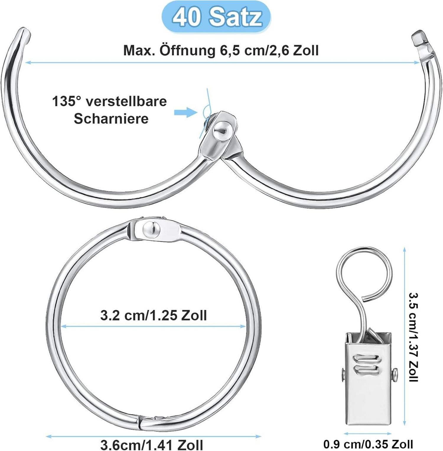 40 Stück Metall Vorhangringe mit Clips, 32mm