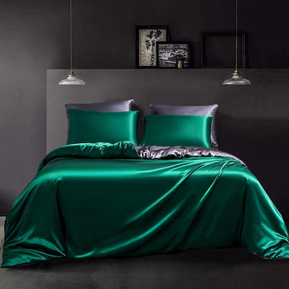 Satin Bettwäsche Set 135x200 Grün Dunkelgrau 4-teilig