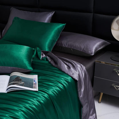 Satin Bettwäsche Set 135x200 Grün Dunkelgrau 4-teilig