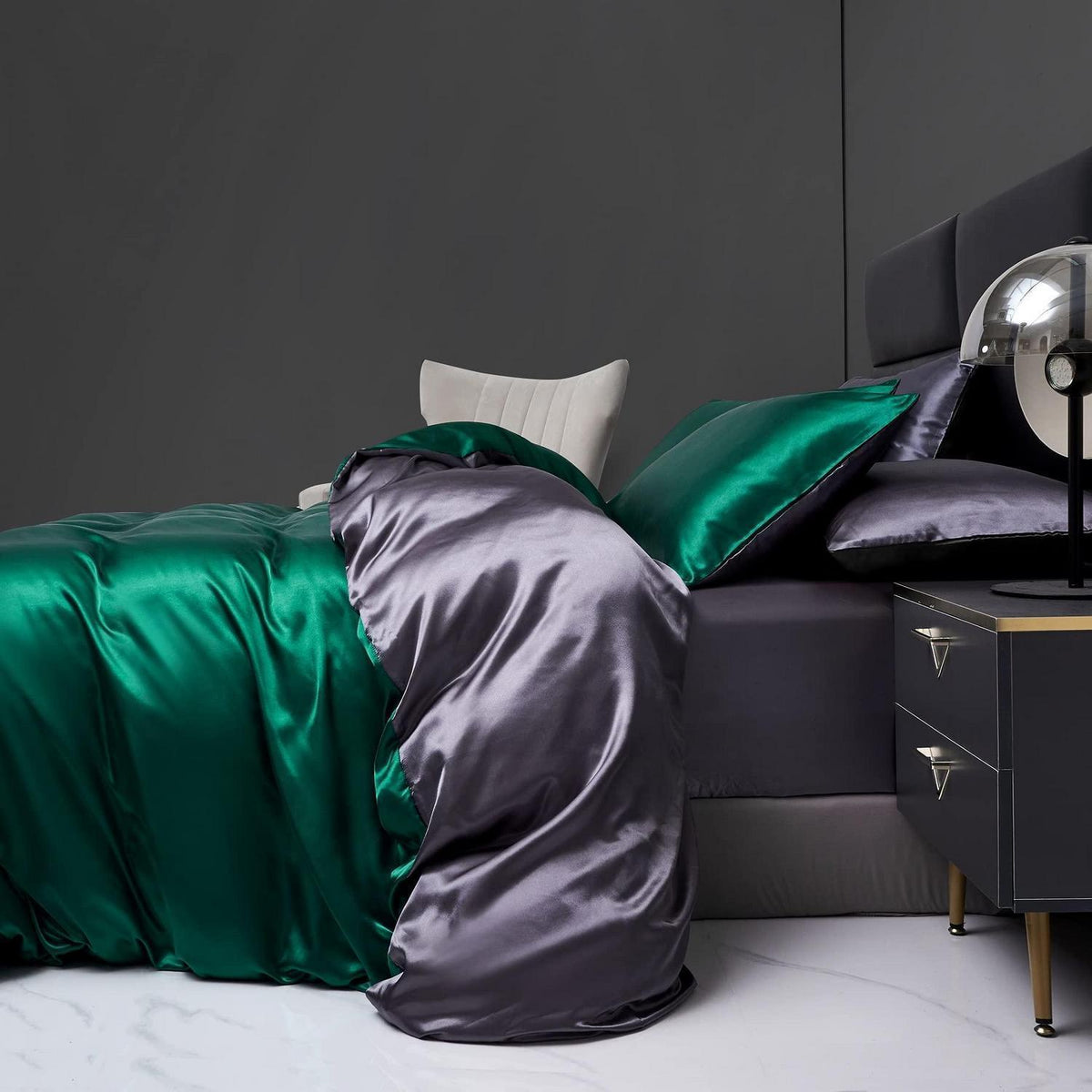 Satin Bettwäsche Set 135x200 Grün Dunkelgrau 4-teilig