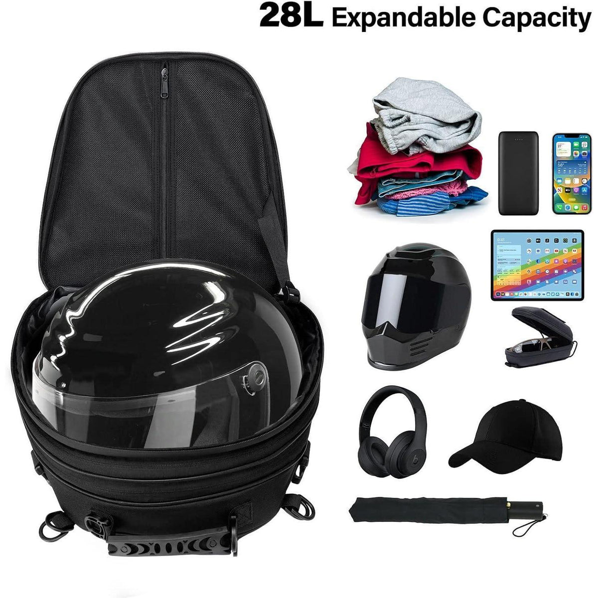 Motorradrucksack mit Erweiterung 20-28L, Wasserdicht & Vielseitig