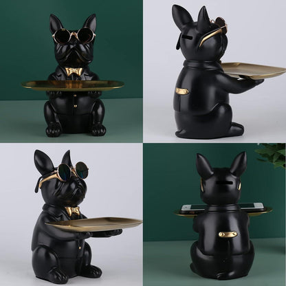 Bulldoggen-Statue Harz Hund Butler Aufbewahrungstablett Schwarz