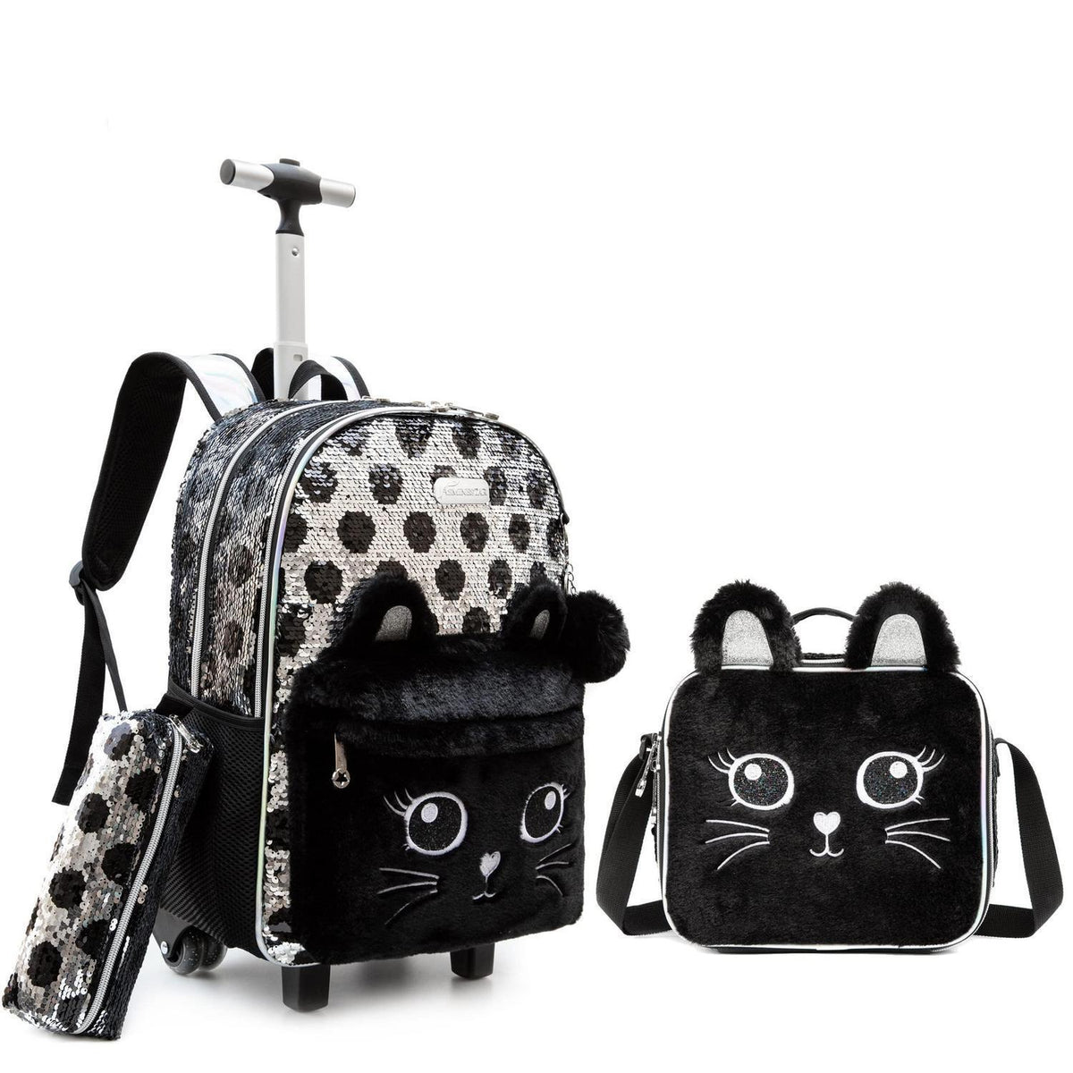 Schultrolley Set Mädchen 3in1 mit Rucksack & Lunchtasche - Katze Schwarz