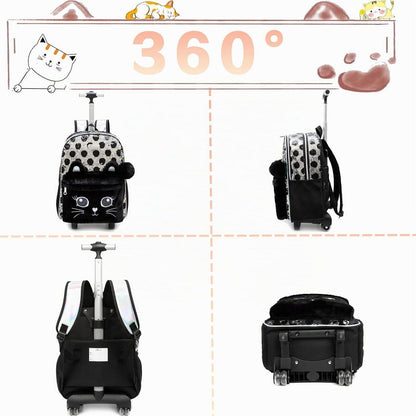 Schultrolley Set Mädchen 3in1 mit Rucksack & Lunchtasche - Katze Schwarz