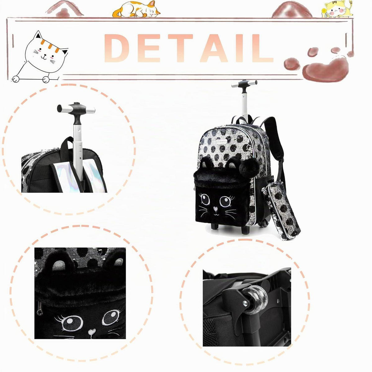 Schultrolley Set Mädchen 3in1 mit Rucksack & Lunchtasche - Katze Schwarz
