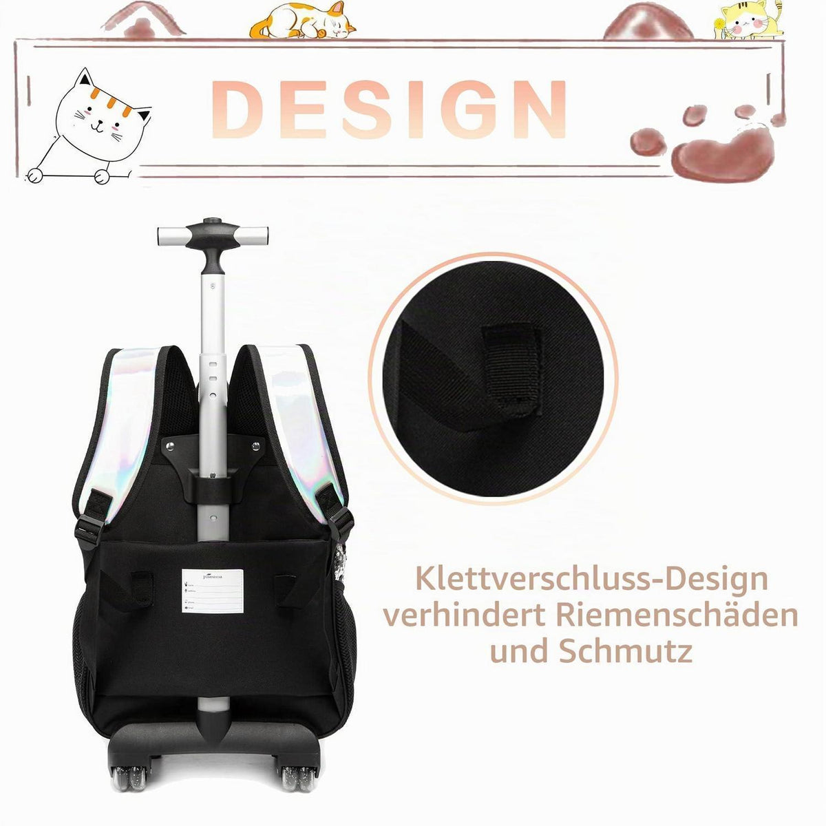Schultrolley Set Mädchen 3in1 mit Rucksack & Lunchtasche - Katze Schwarz