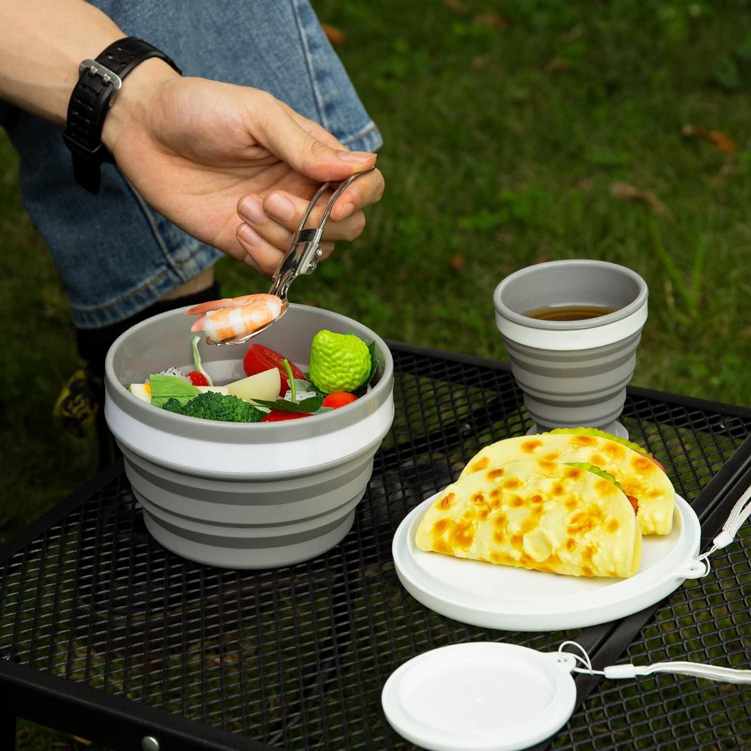 Camping Geschirr Set Silikonschüssel Becher Edelstahl Salatlöffel
