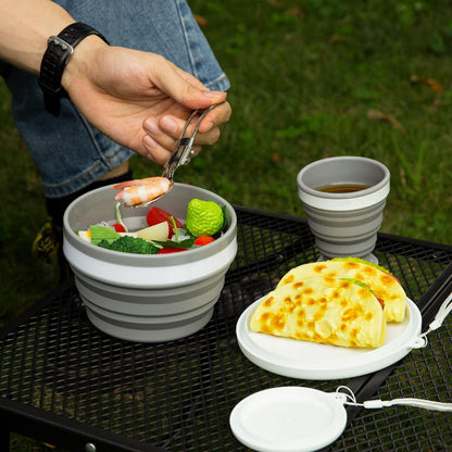 Camping Geschirr Set Silikonschüssel Becher Edelstahl Salatlöffel