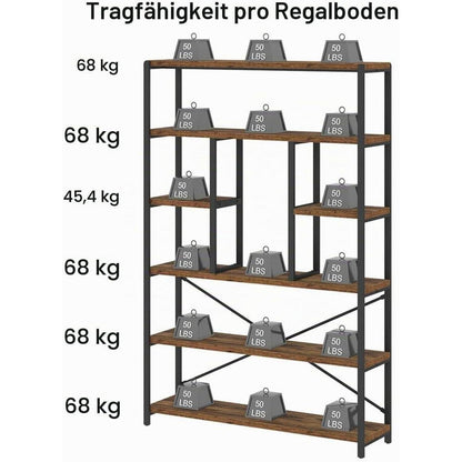 6-Ebenen Bücherregal Holz-Metall Vintagebraun-Schwarz