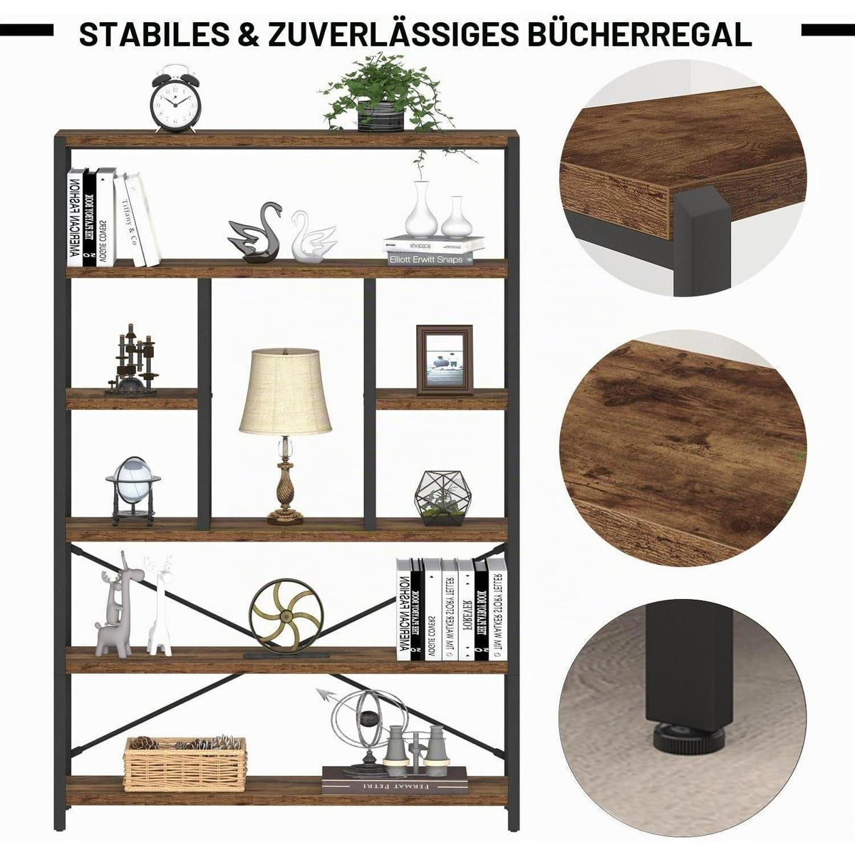 6-Ebenen Bücherregal Holz-Metall Vintagebraun-Schwarz