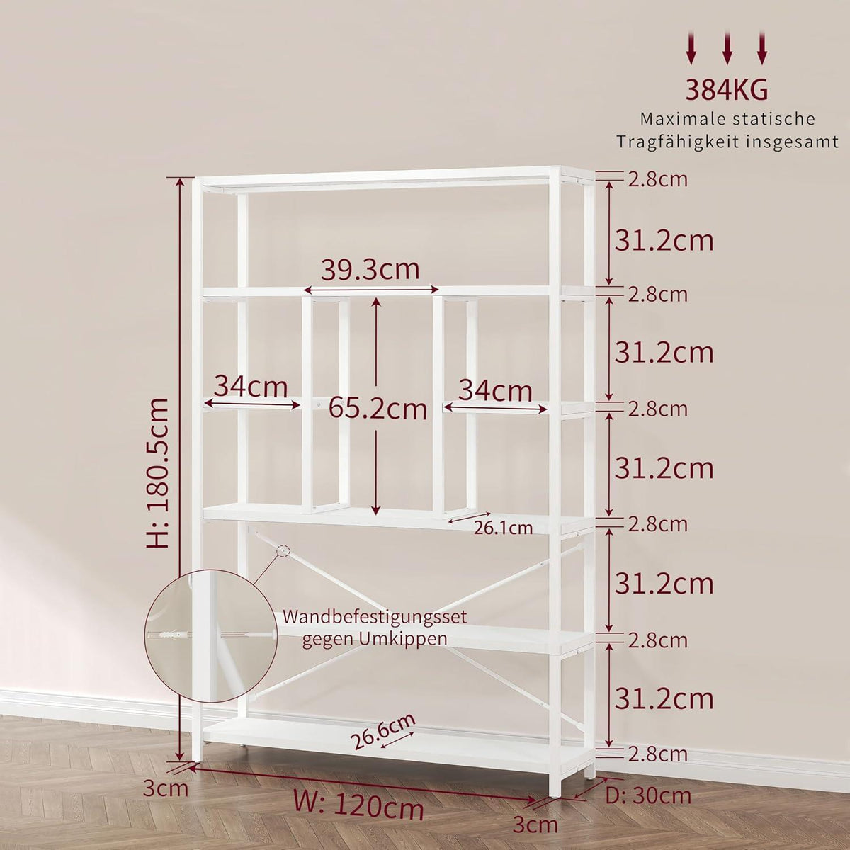 Bücherregal 6 Ebenen Holz Metall Standregal Weiß 120x180cm