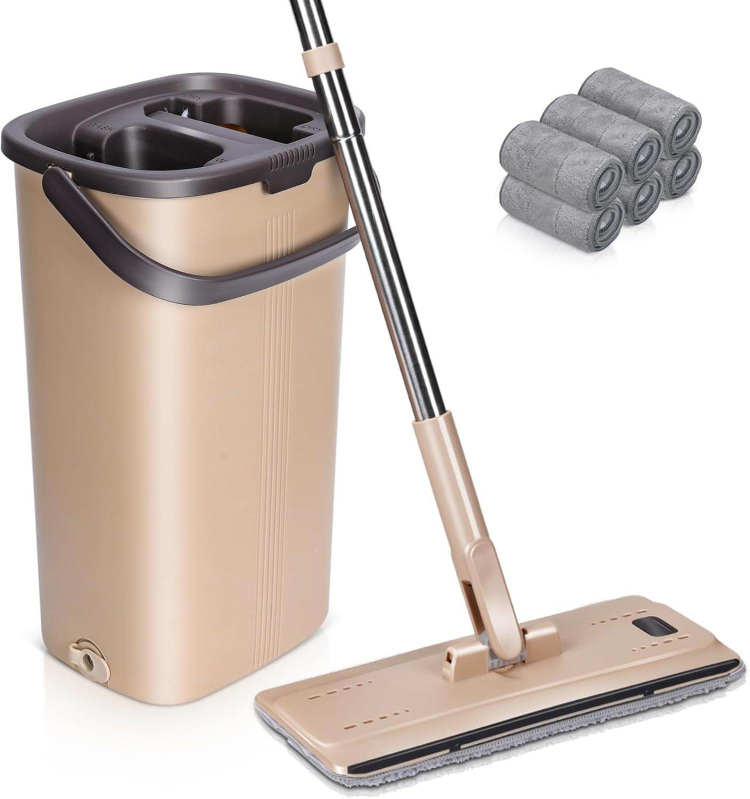 Wischmopp Set mit Eimer 138cm Flachmopp Edelstahl Griff 6 Microfaser