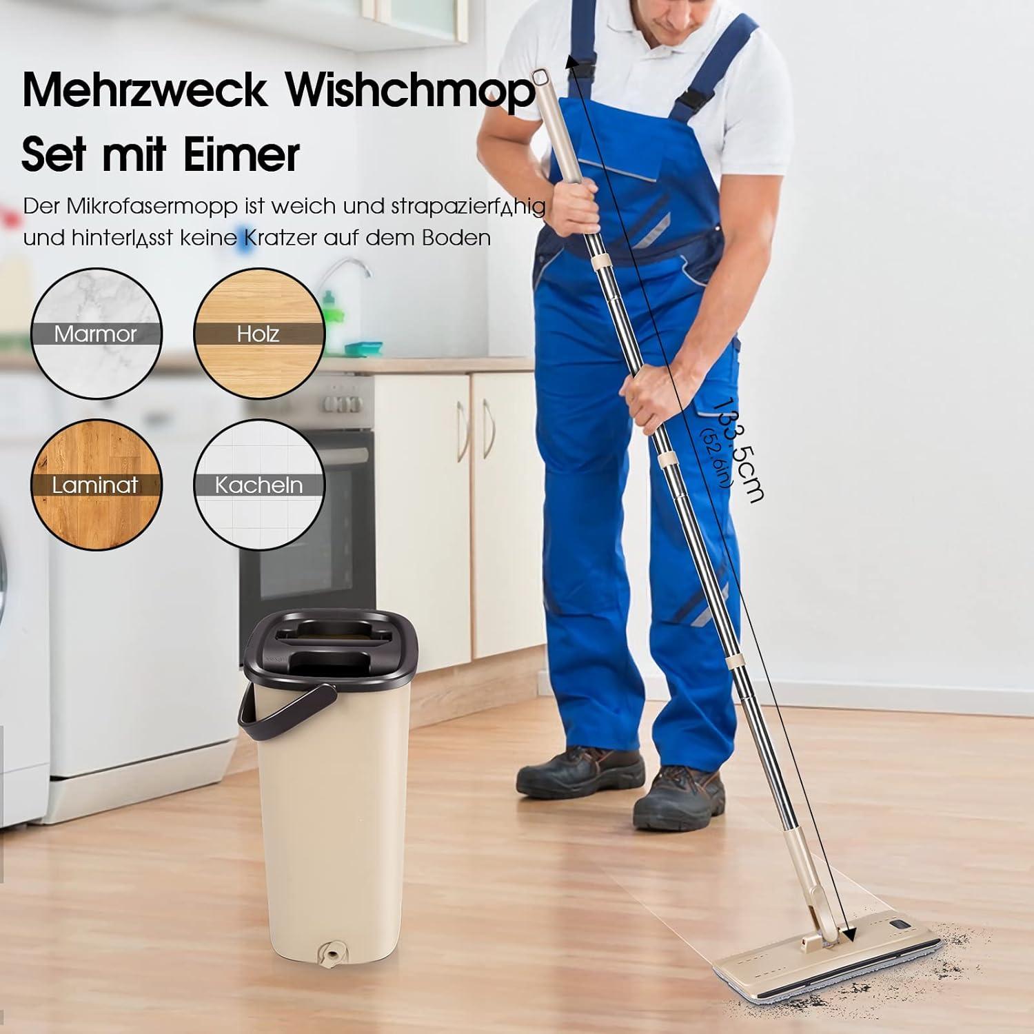 Flachmopp Wischmopp Set mit Eimer 138cm Edelstahlgriff 6 Moppkopf beige