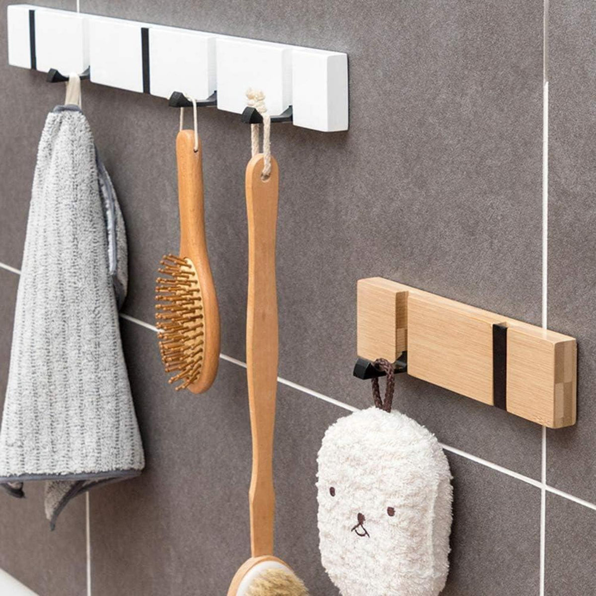 YunNasi Holz Hakenleiste Wandgarderobe Faltbar 5 Haken Natur 5 Haken-2xStück