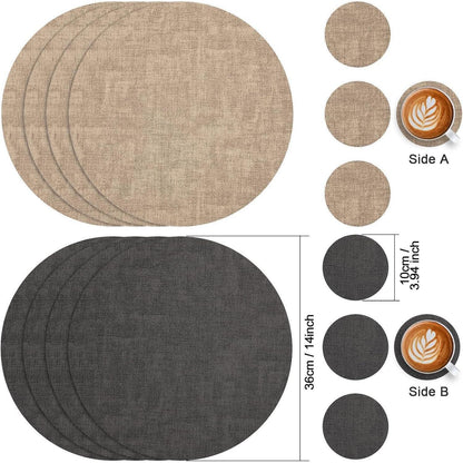 Platzsets Rund 36cm Abwaschbar 6er Set Grau Beige in Lederoptik