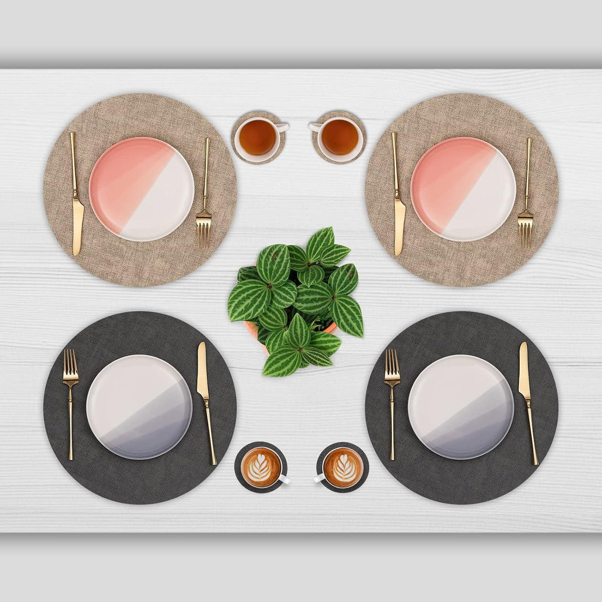 Platzsets Rund 36cm Abwaschbar 6er Set Grau Beige in Lederoptik