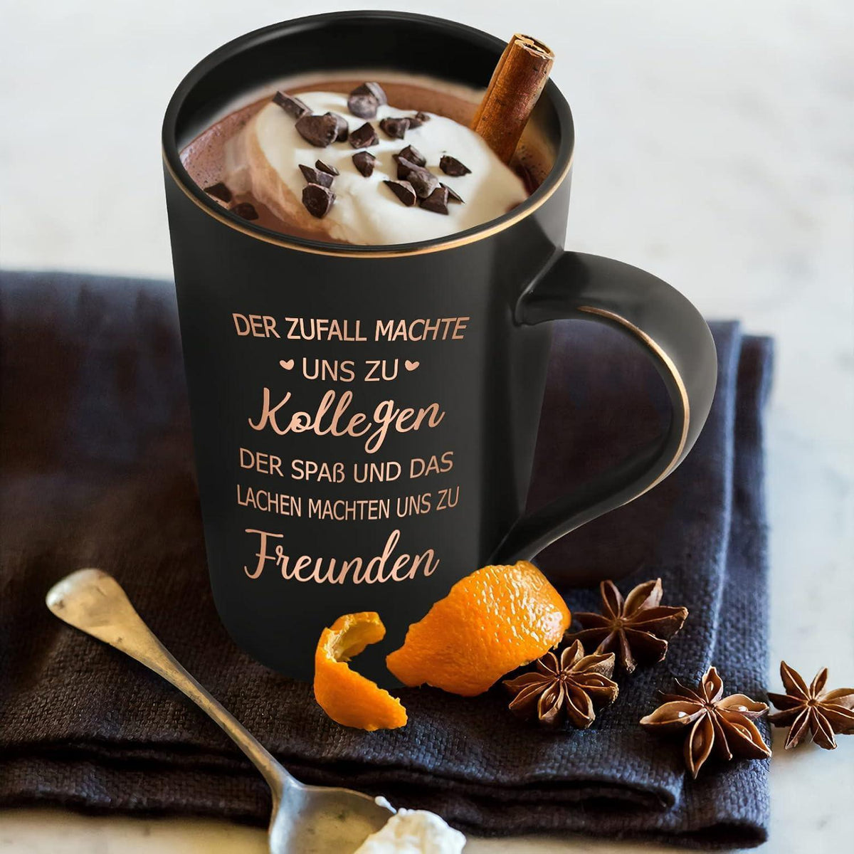 Kaffeetasse Abschiedsgeschenk Kollegin mit Spruch, Marmor-Optik, 400ml