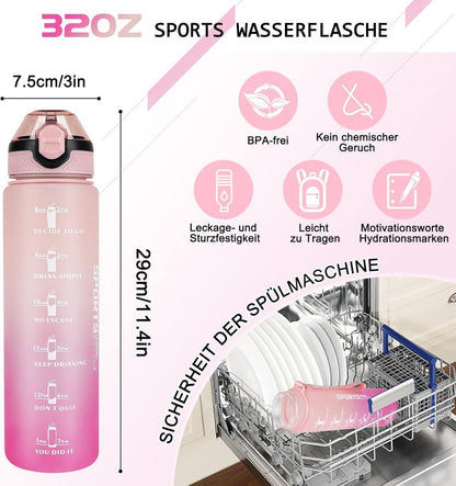 AOHAN Trinkflasche 1L BPA-frei Sport Wasserflasche Stroh Zeitmarkierungen