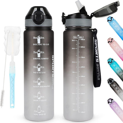 Sport Trinkflasche 1L BPA-frei Stroh Zeitmarkierungen Grau