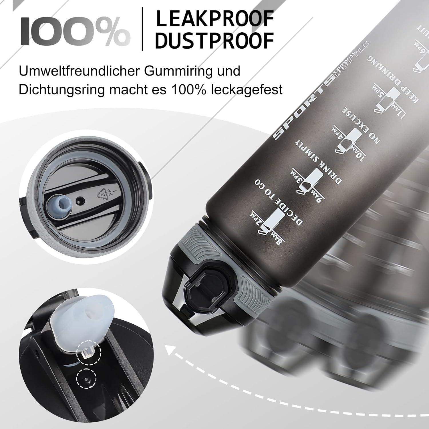 Sport Trinkflasche 1L BPA-frei Stroh Zeitmarkierungen Grau