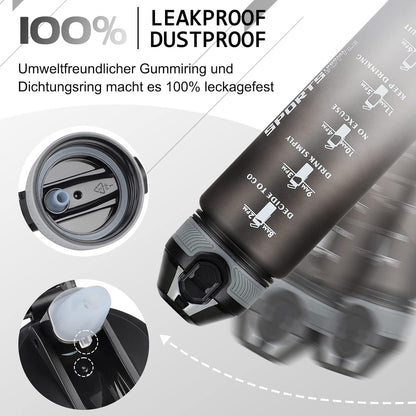Sport Trinkflasche 1L BPA-frei Stroh Zeitmarkierungen Grau