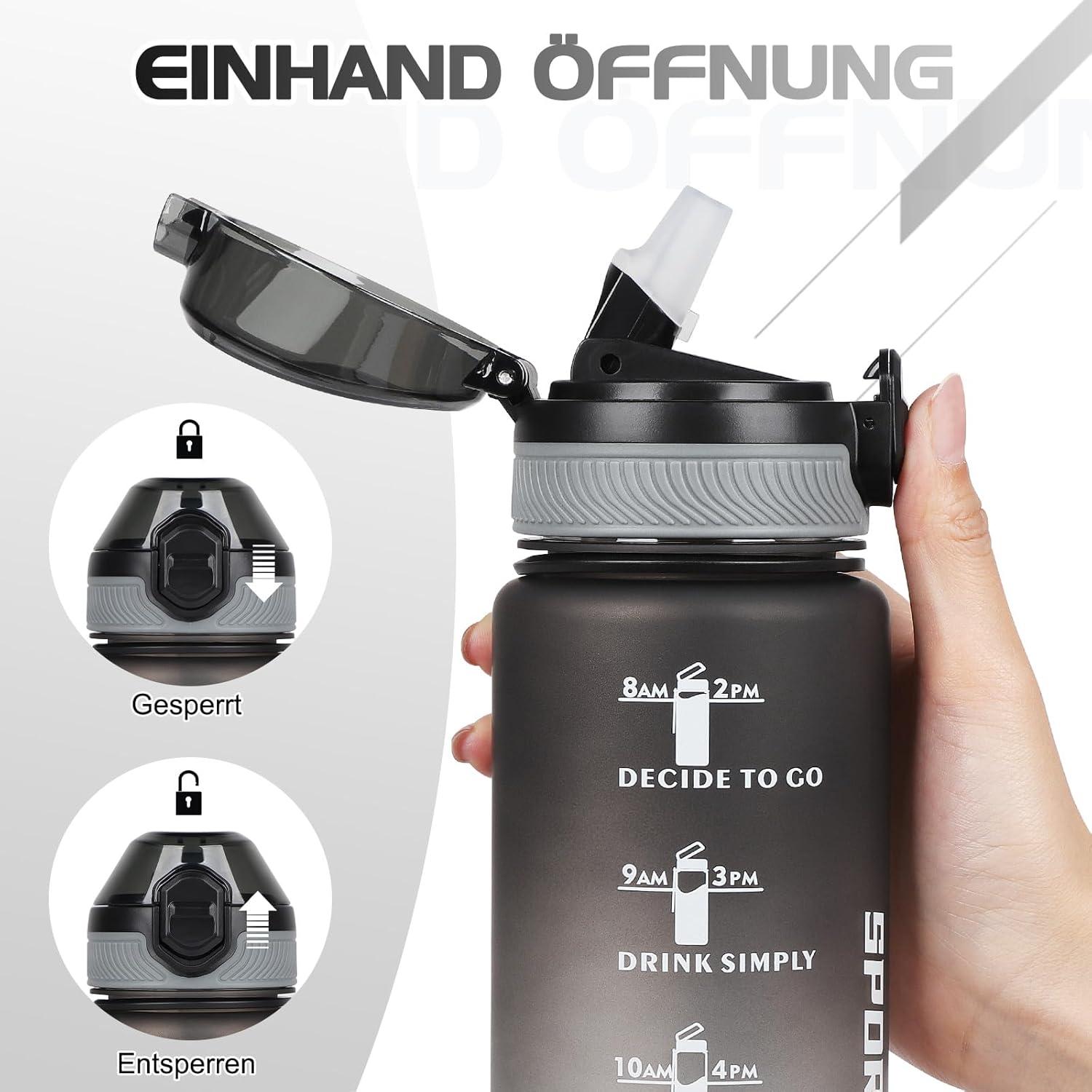 Trinkflasche 1L BPA-frei Sport Wasserflasche mit Stroh Zeitmarkierungen Auslaufsicher