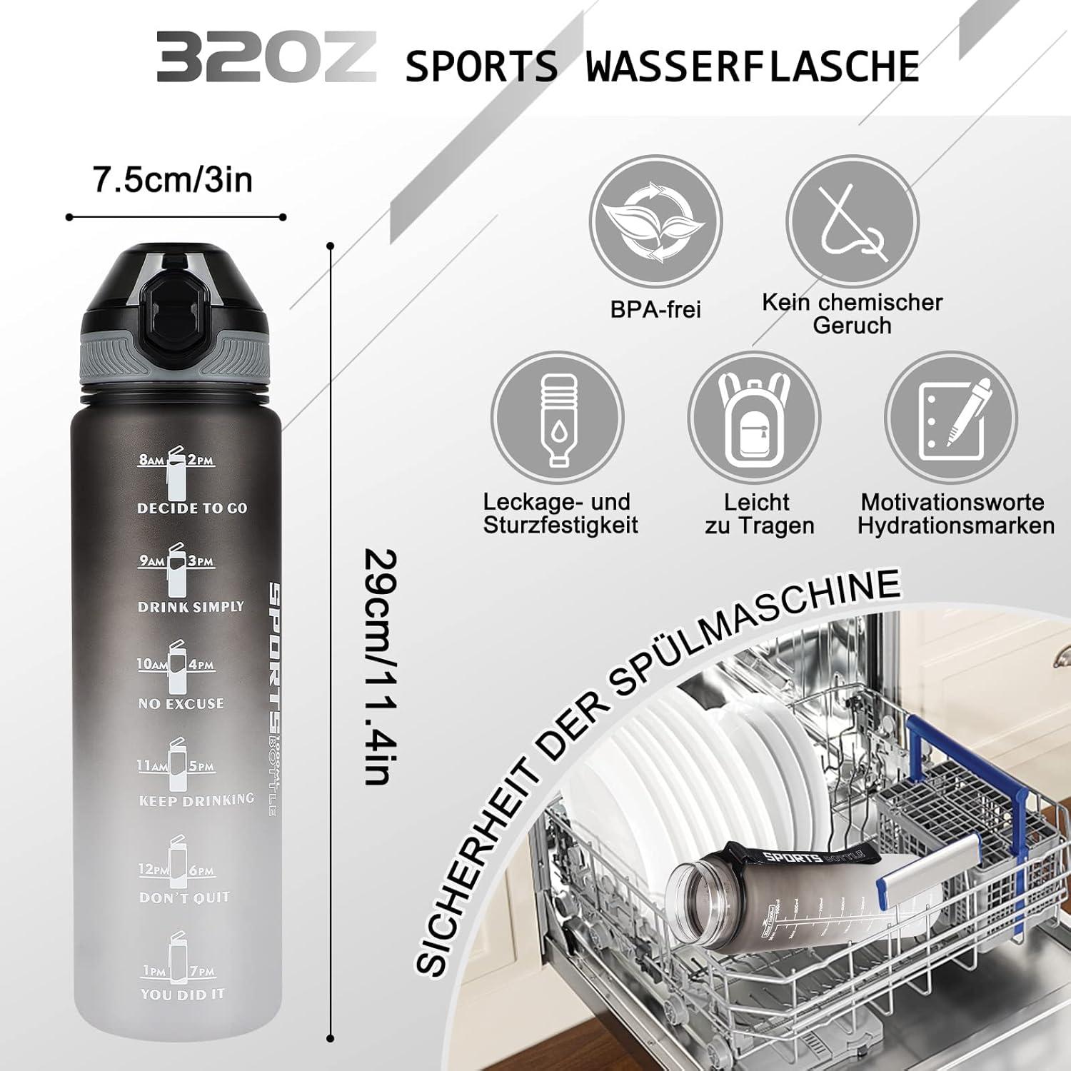 Sport Trinkflasche 1L BPA-frei mit Stroh, Zeitmarkierungen