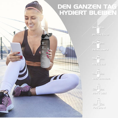Sport Trinkflasche 1L BPA-frei mit Stroh und Zeitmarkierungen