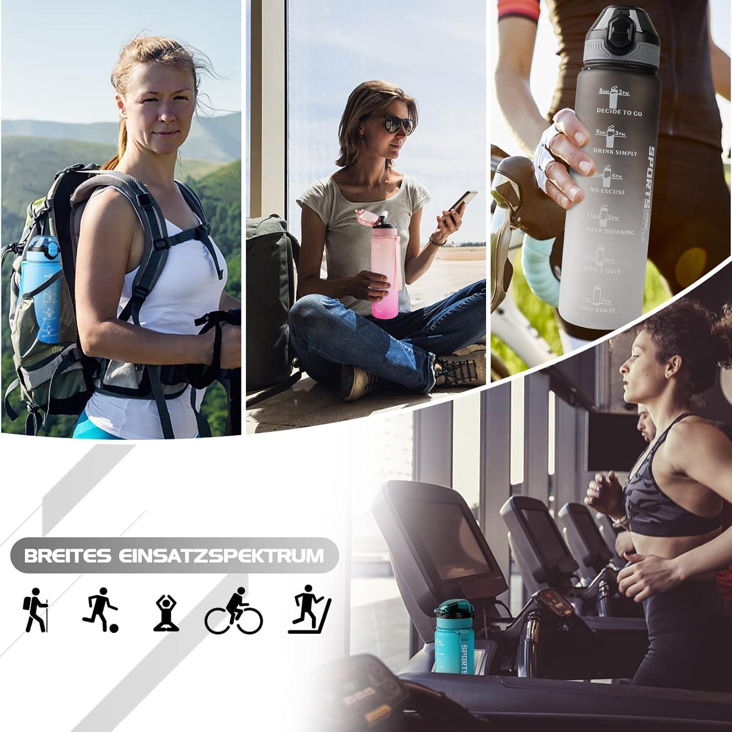 Sport Trinkflasche 1L BPA-frei mit Stroh, Zeitmarkierungen