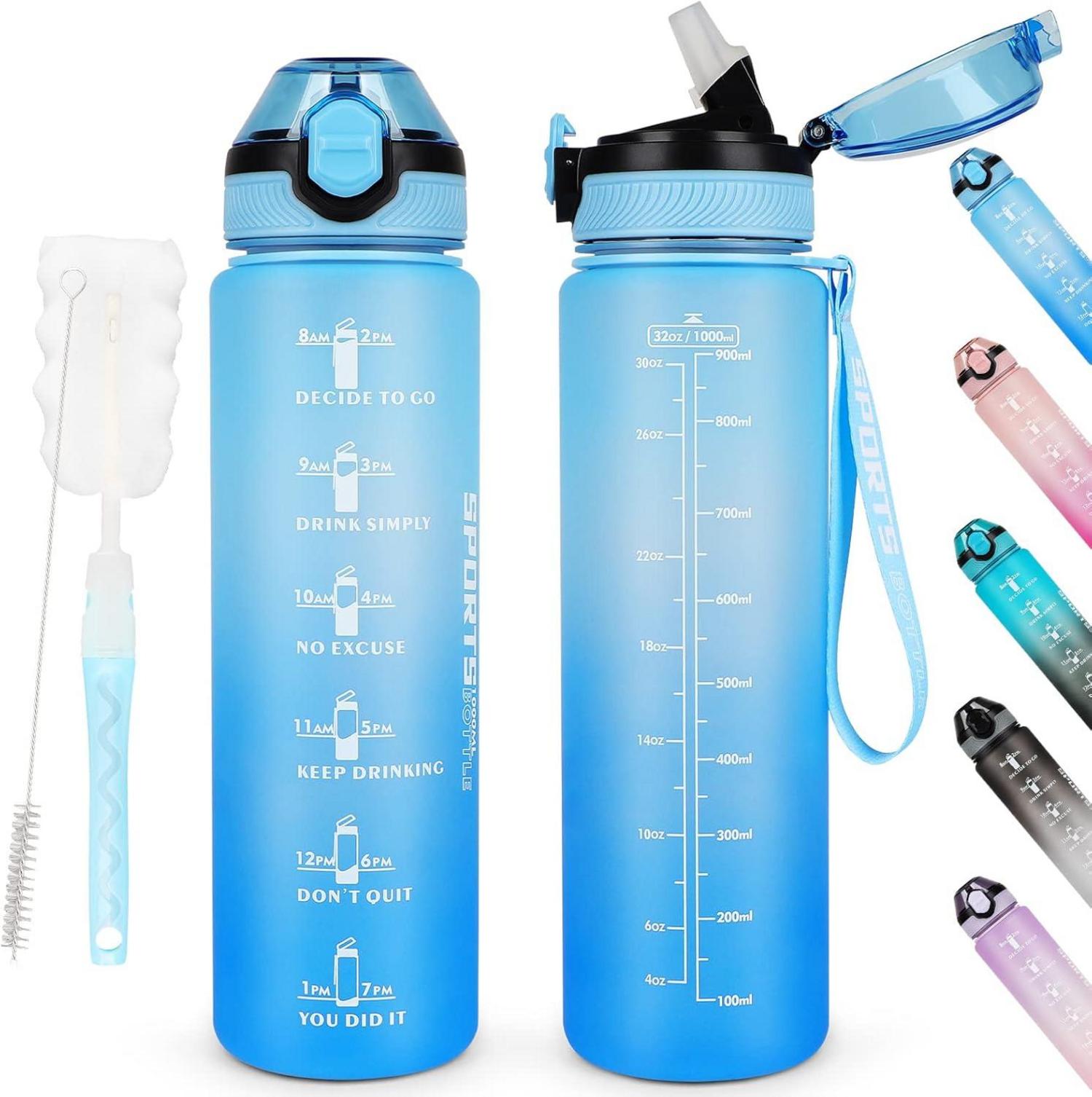 Sport-Trinkflasche 1L BPA-frei mit Strohhalm & Zeitmarkierungen