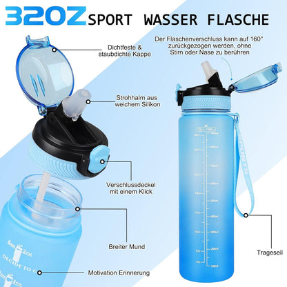 Sport Trinkflasche 1L BPA-frei mit Strohhalm