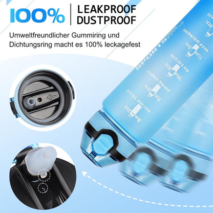 Sport-Trinkflasche 1L BPA-frei mit Strohhalm & Zeitmarkierungen