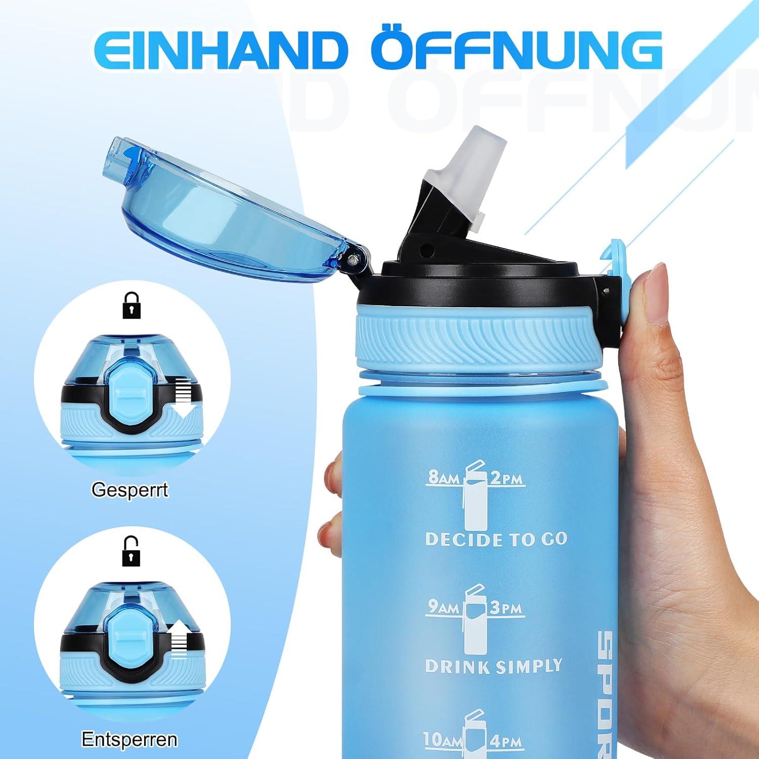 Sport-Trinkflasche BPA-frei 1L mit Strohhalm und Zeitmarkierungen