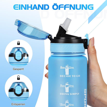 Sport-Trinkflasche BPA-frei 1L mit Strohhalm und Zeitmarkierungen