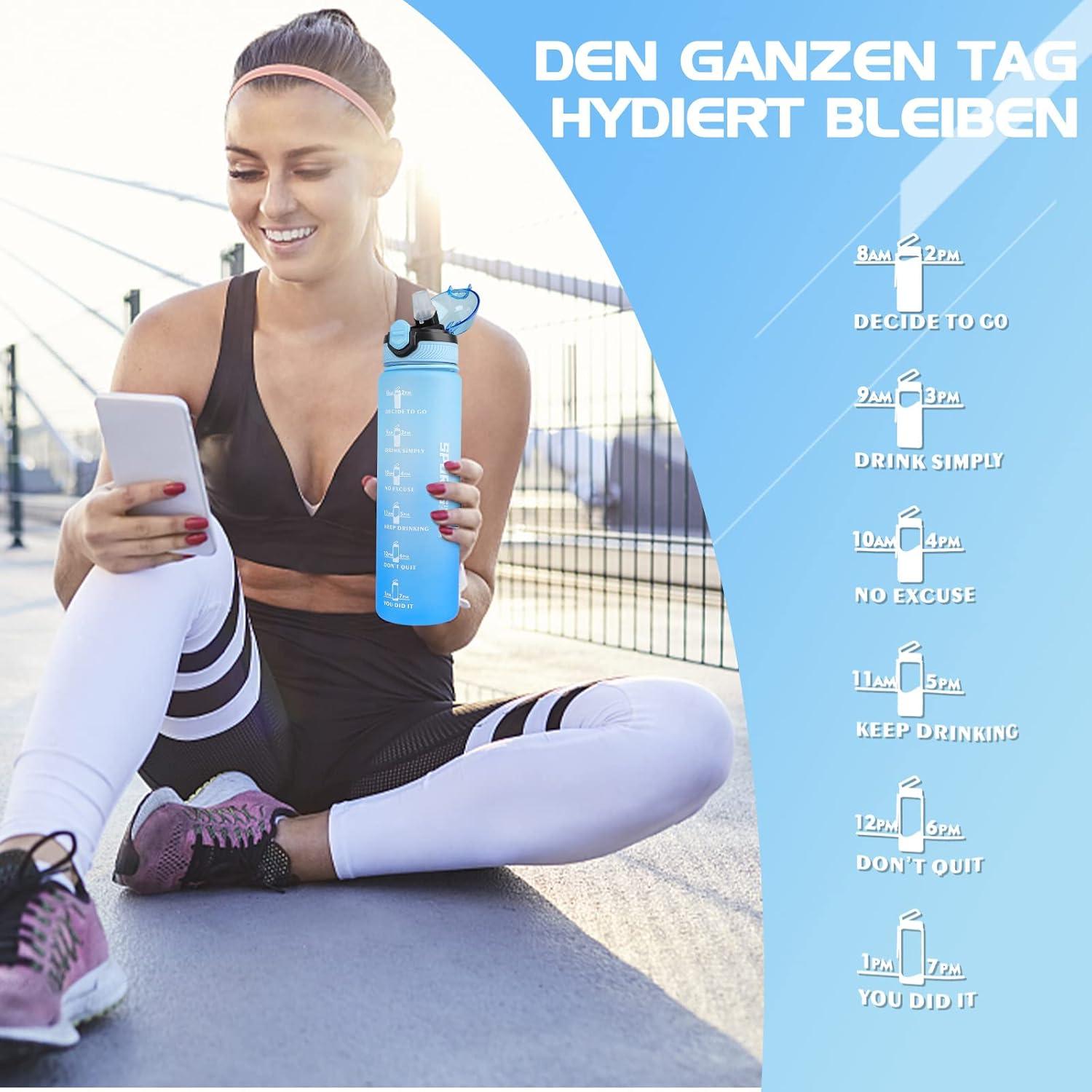 Sport Trinkflasche 1L BPA-frei mit Stroh und Zeitmarkierungen