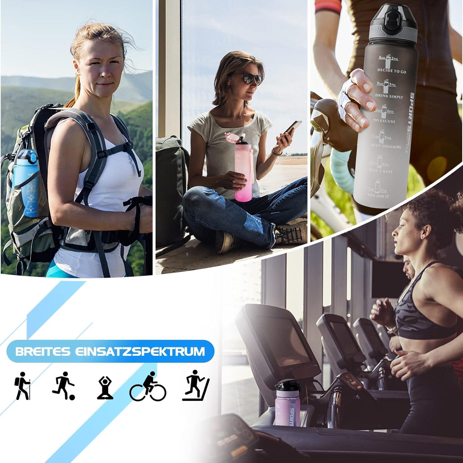 Sport Trinkflasche 1L BPA-frei Stroh Auslaufsicher Zeitmarkierungen