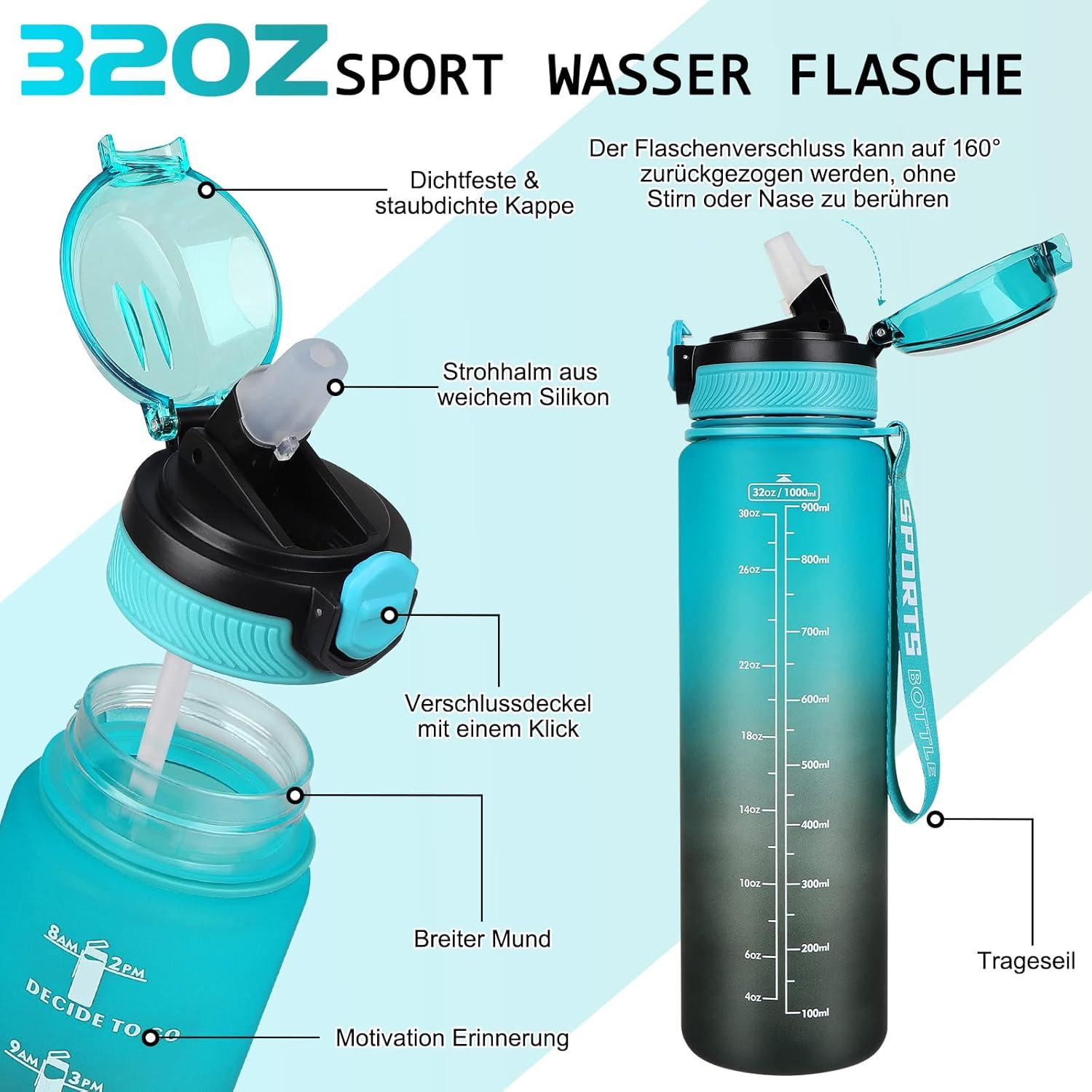 AOHAN Trinkflasche 1L BPA-frei mit Stroh, Sport