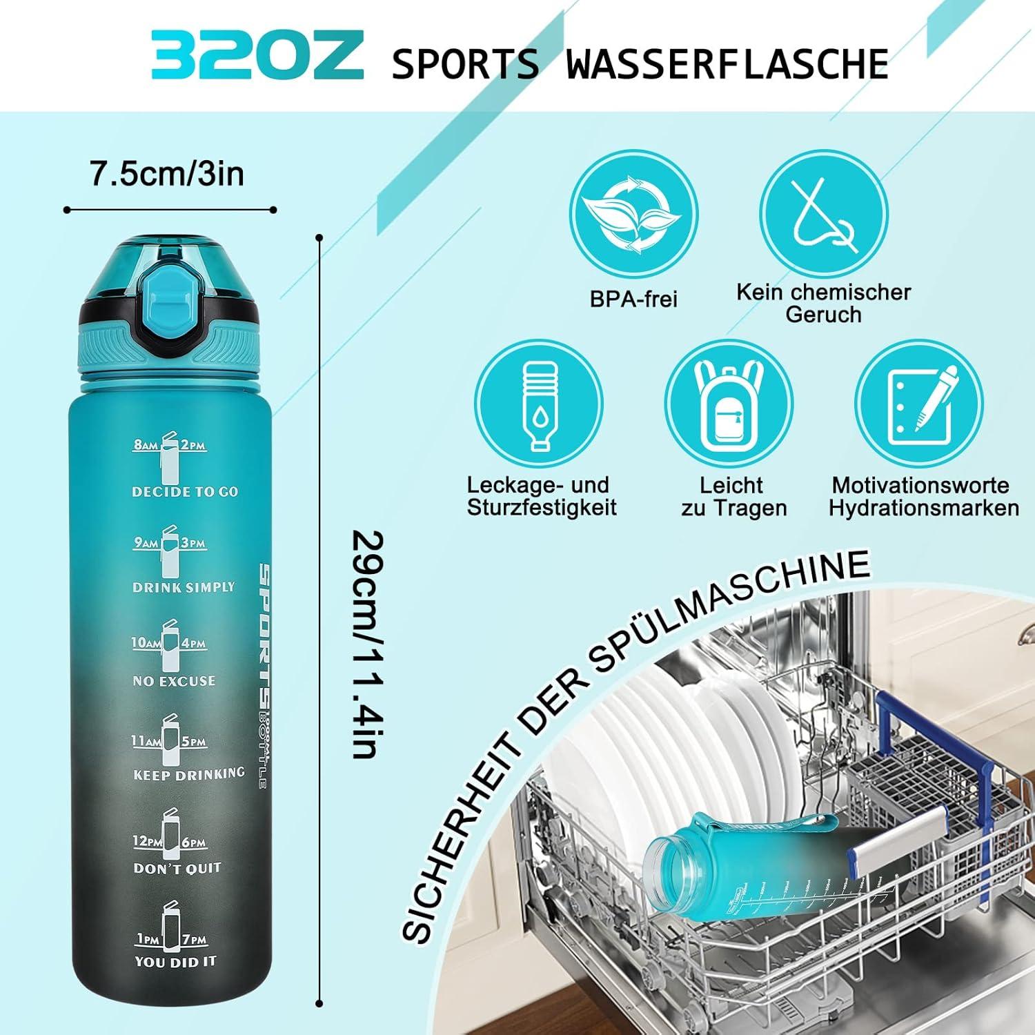 Sport Trinkflasche 1L BPA-frei mit Stroh Zeitmarkierungen Auslaufsicher